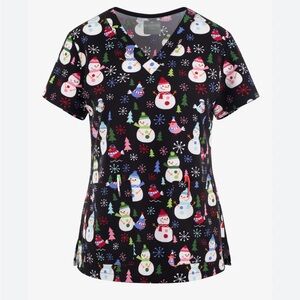 Med Couture Snowflake Snowman Scrub Top Holiday Print V Neck Pockets Size Large